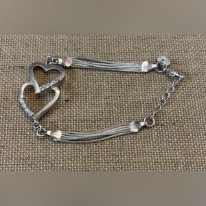 Sterling Silver Multi-Chain Double Heart Bracelet w Clear Crystals, 925 7.5”